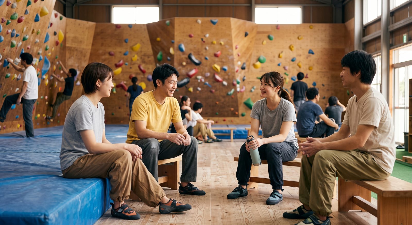 仕事帰りらしい参加者たちがベンチで談笑する様子