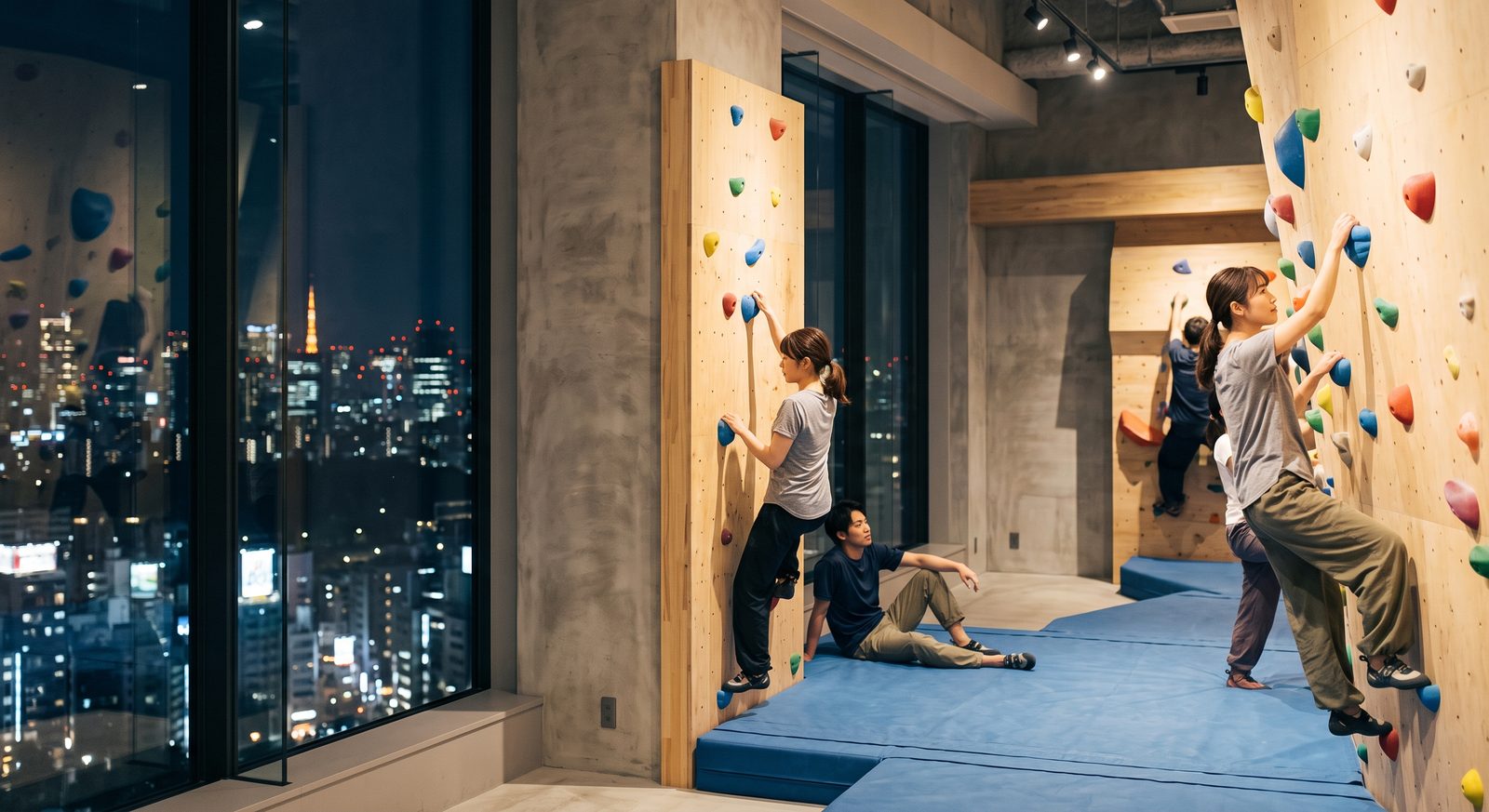 都心の夜景が見えるスタイリッシュなジムで登る参加者たち