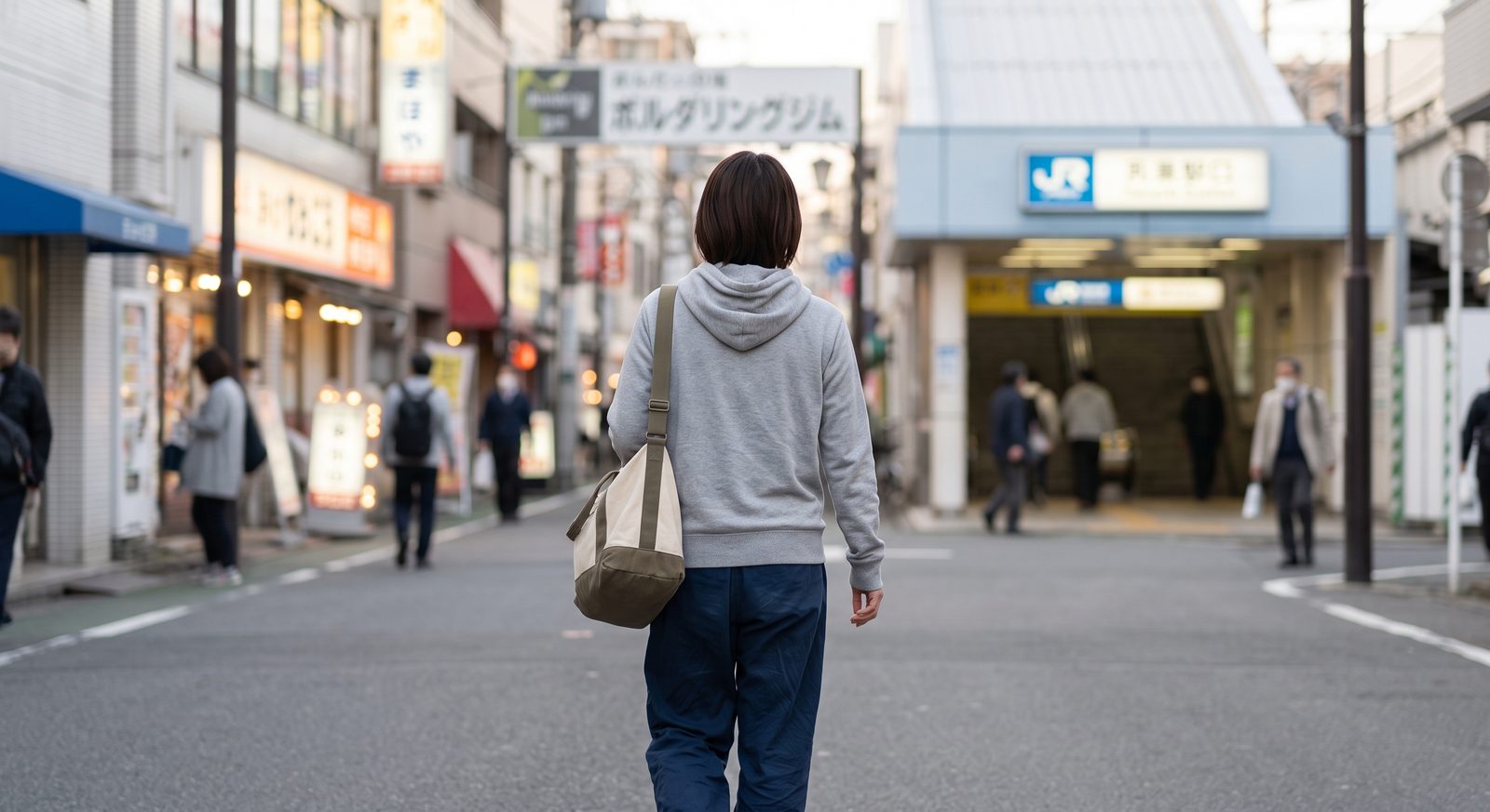 駅前のボルダリングジムに向かって歩く女性の後ろ姿