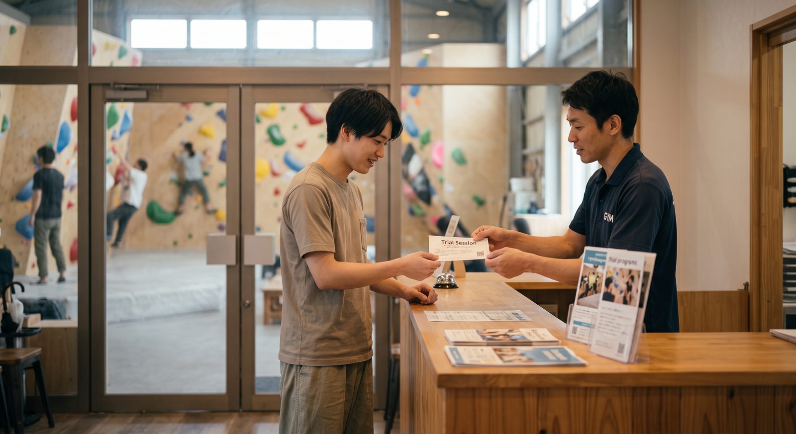 受付で体験チケットを受け取る参加者