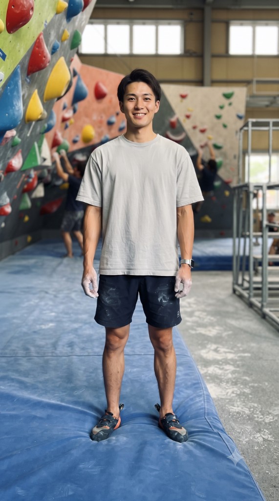 ボルダリング初心者の服装例（男性・Tシャツとショートパンツ）