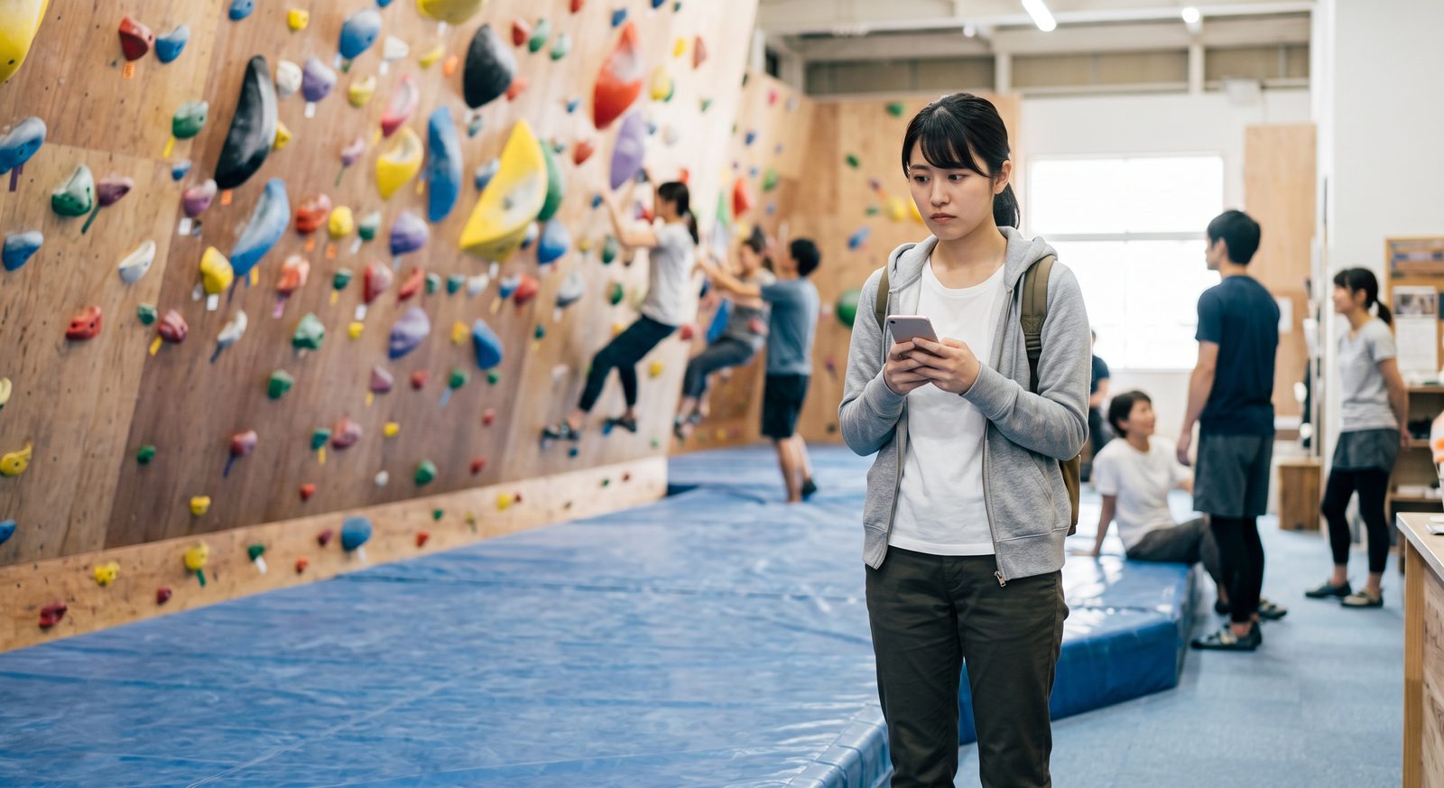 一人でジムを訪れ、緊張した様子でスマートフォンを見る女性