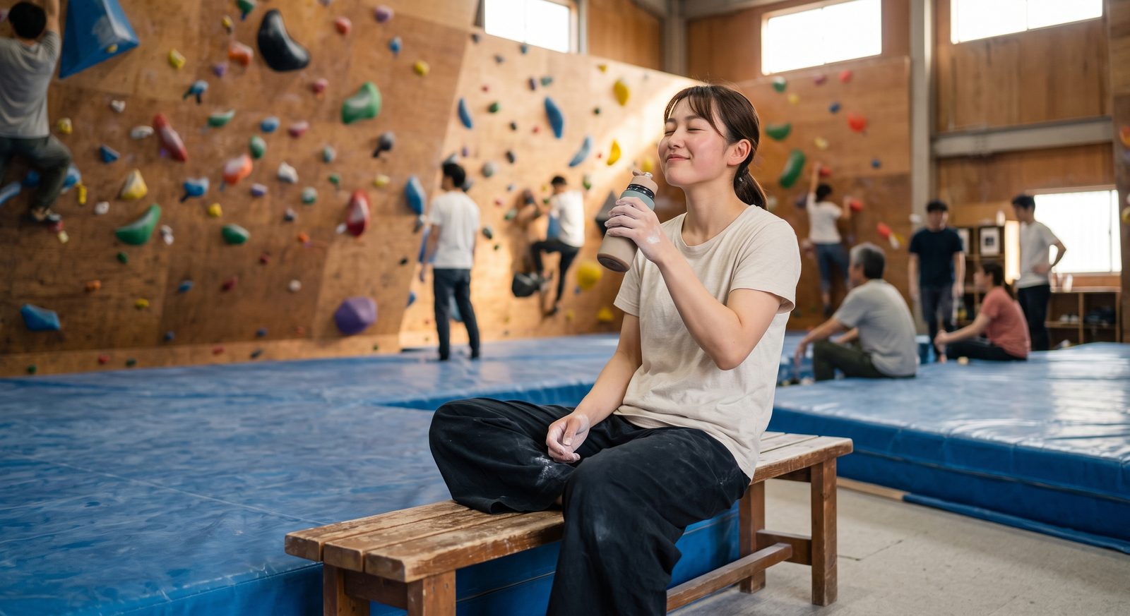 ベンチで休憩しながら水分補給をする女性
