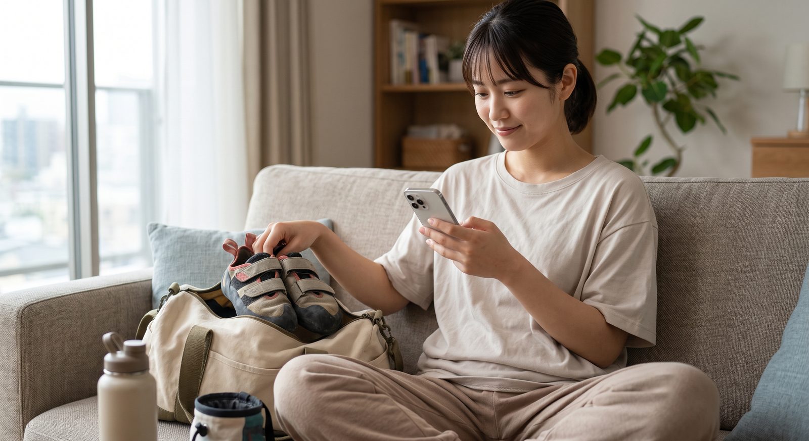 自宅でクライミングシューズを準備しながらスマートフォンで予定を確認する女性