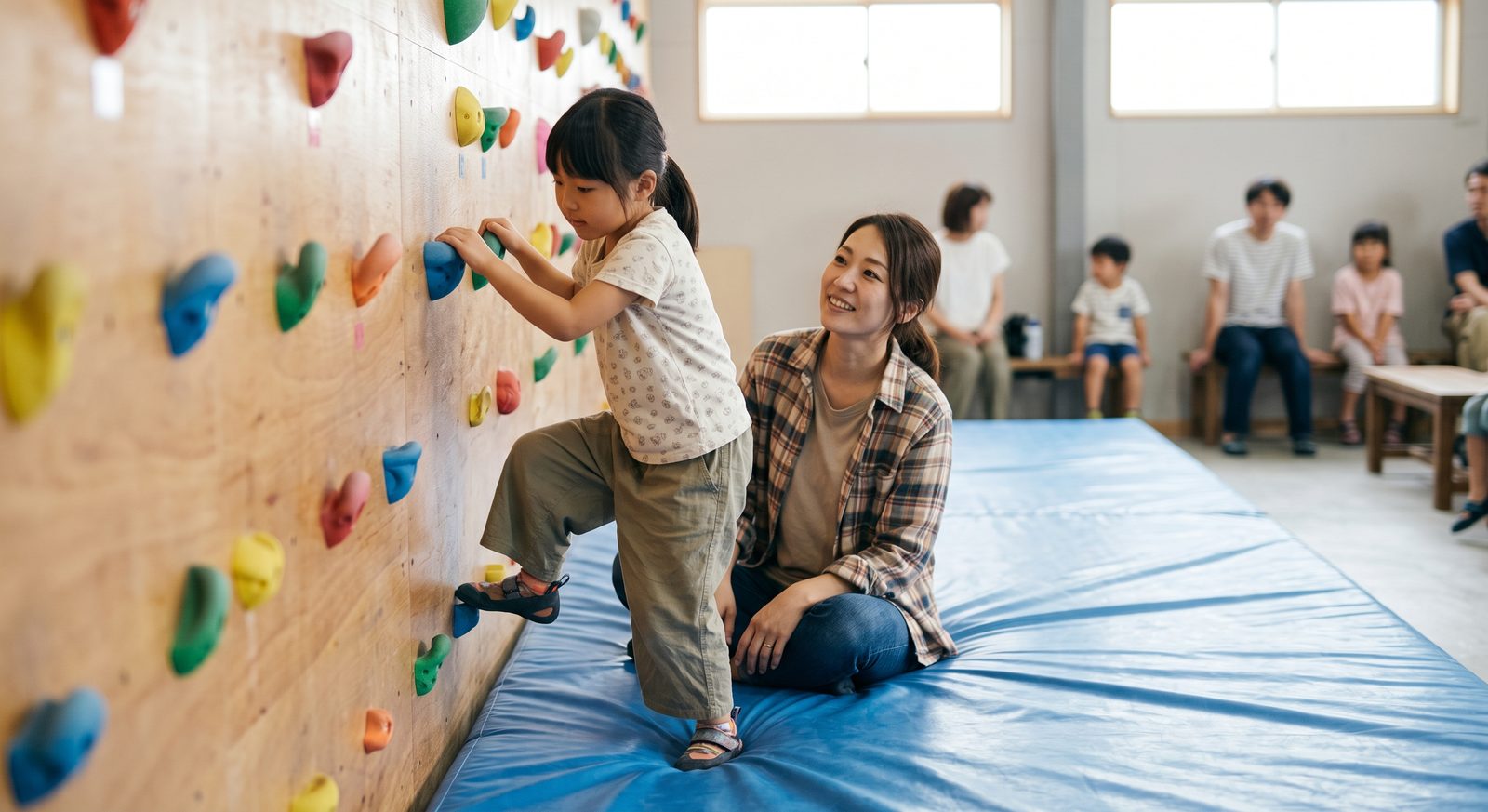 子どもと一緒に登る家族と、見守りながら談笑する参加者たち