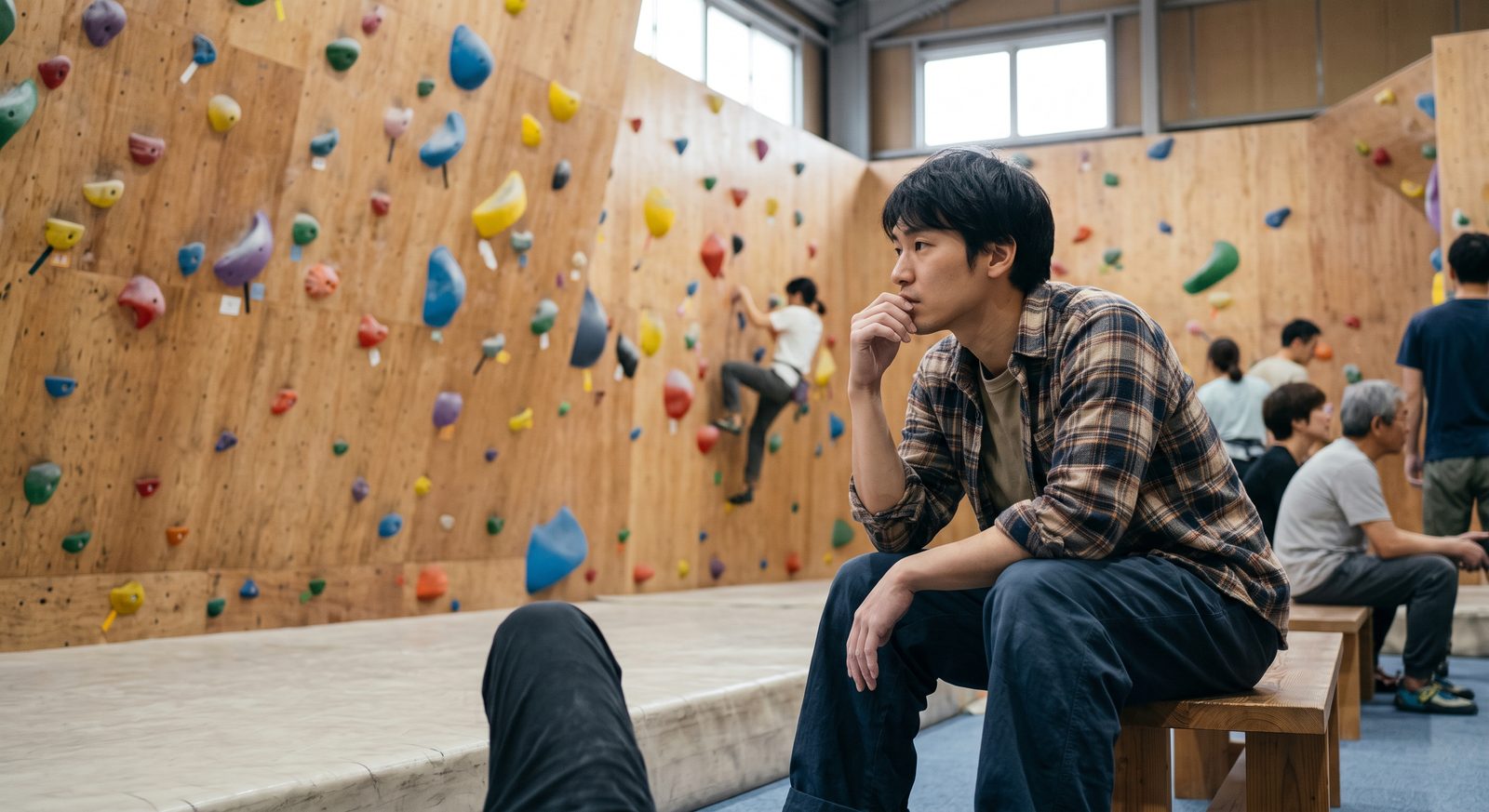 ベンチに座り、少し物思いにふけっている男性