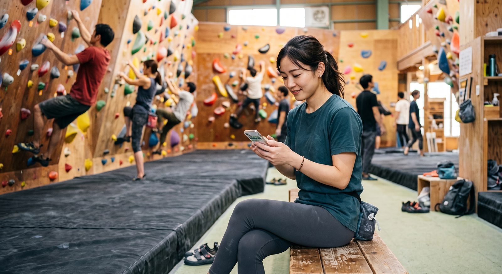 ジムのベンチでスマートフォンのカレンダーを確認しながら前向きな表情を見せる女性