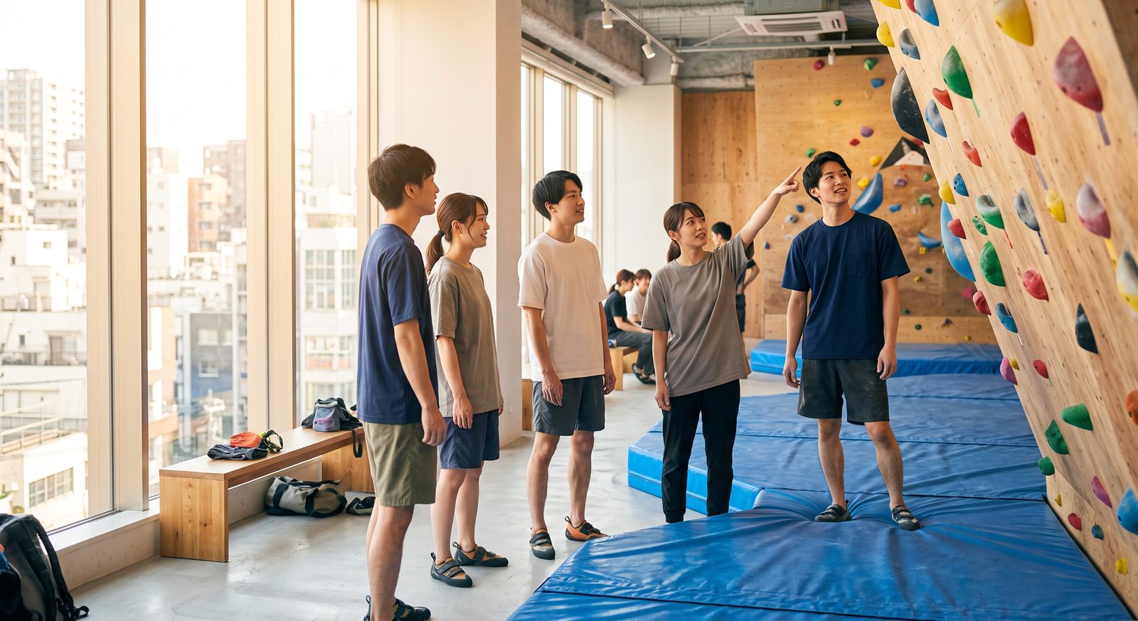 都会的なジムで、壁を指差しながら仲間5人で話している様子