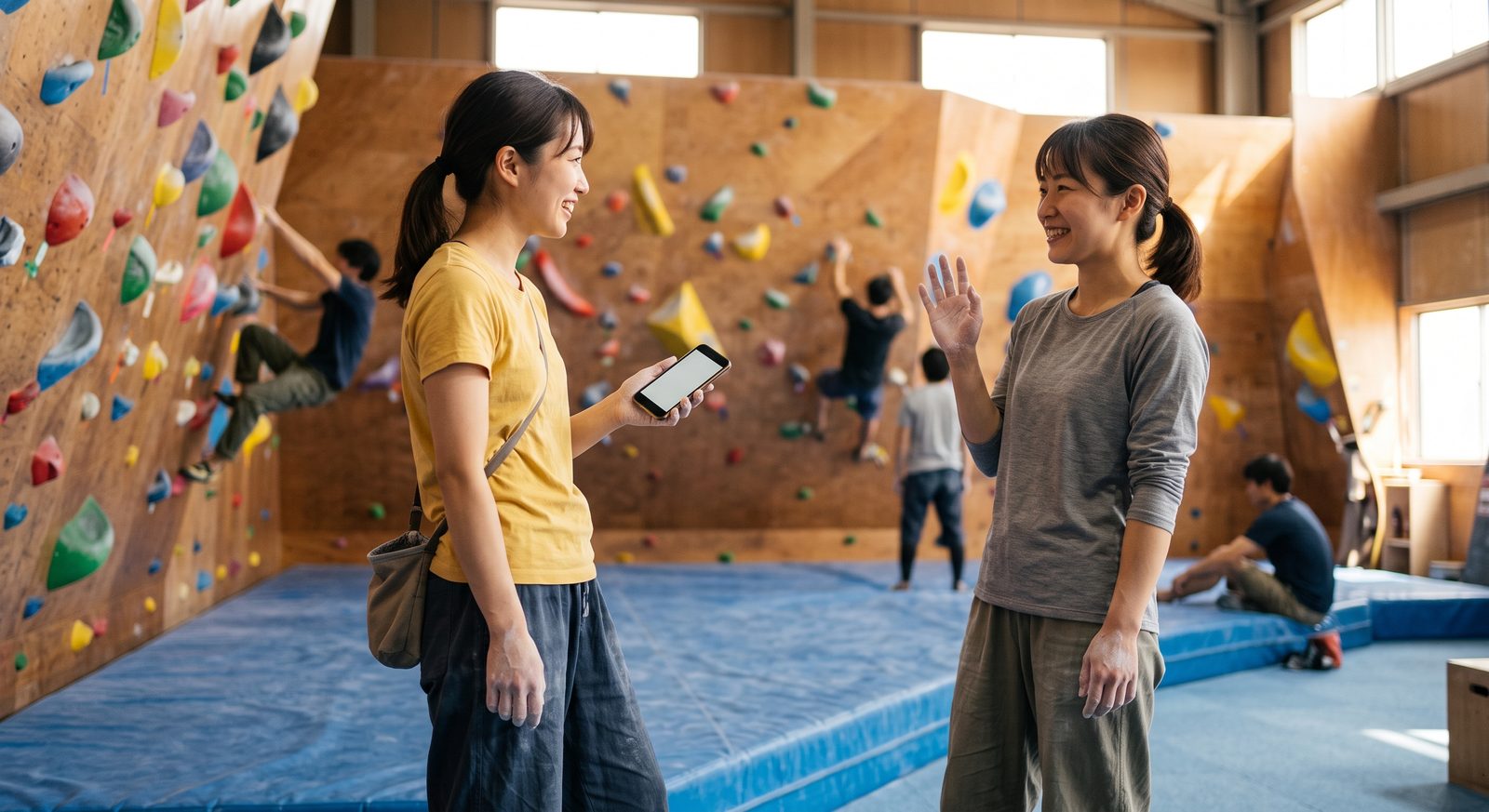 スマートフォンを手にした女性に、笑顔で挨拶する参加者