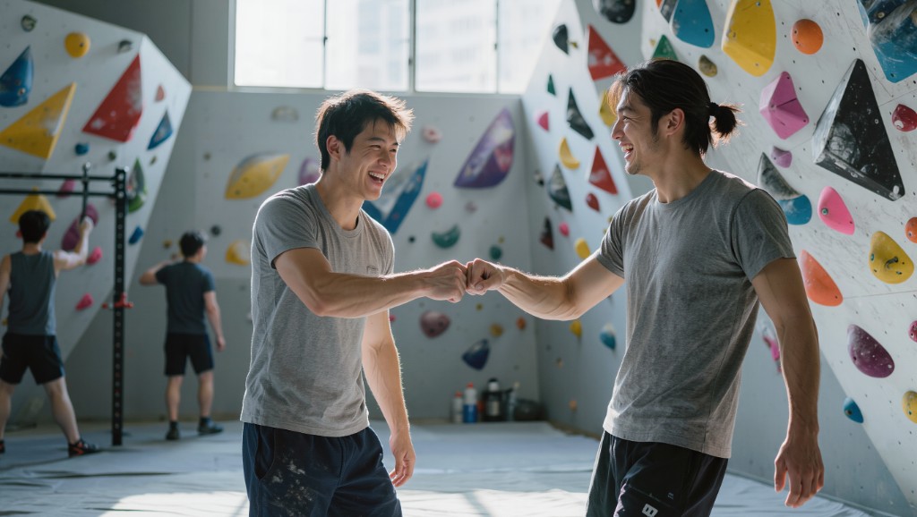 ボルダリングジムで fist bump して励まし合う climbers