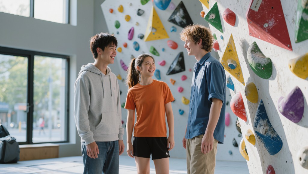 ボルダリングジムで仲間と一緒に歩く climbers